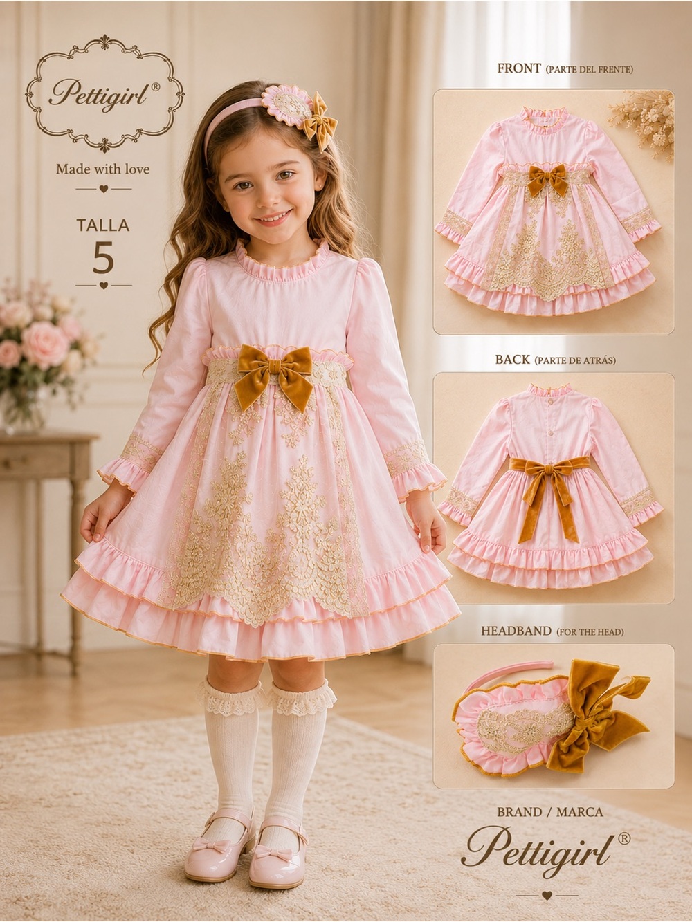 Pink Dress with Gold Bow & Headband - Kids Costume